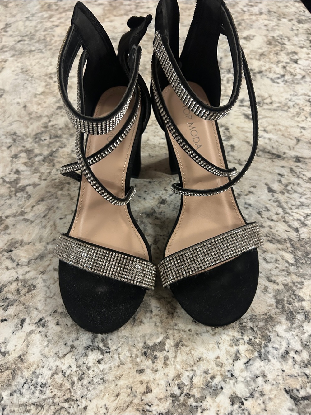 Strappy Black Rhinestone High Heel Sandals